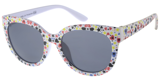Børne Solbrille hvid med flerfarvet stjerne tryk på fronten og Sorte glas