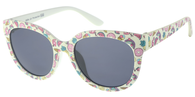 Børne Solbrille mat lys gul med flerfarvet stjerne tryk på fronten og Sorte glas